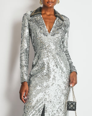 *HOT* Louis Vuitton Silver Sequin Long V-Neck Embroidered Dress Size FR 38 (UK 10) RRP £13,200