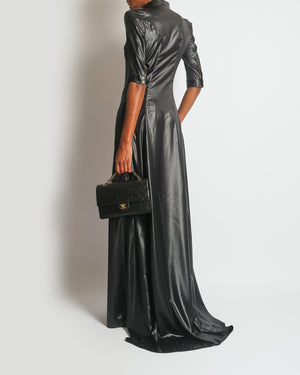 Balmain Black Leather Effect Maxi Dress with Gold Button Details Size FR 38 (UK 10)