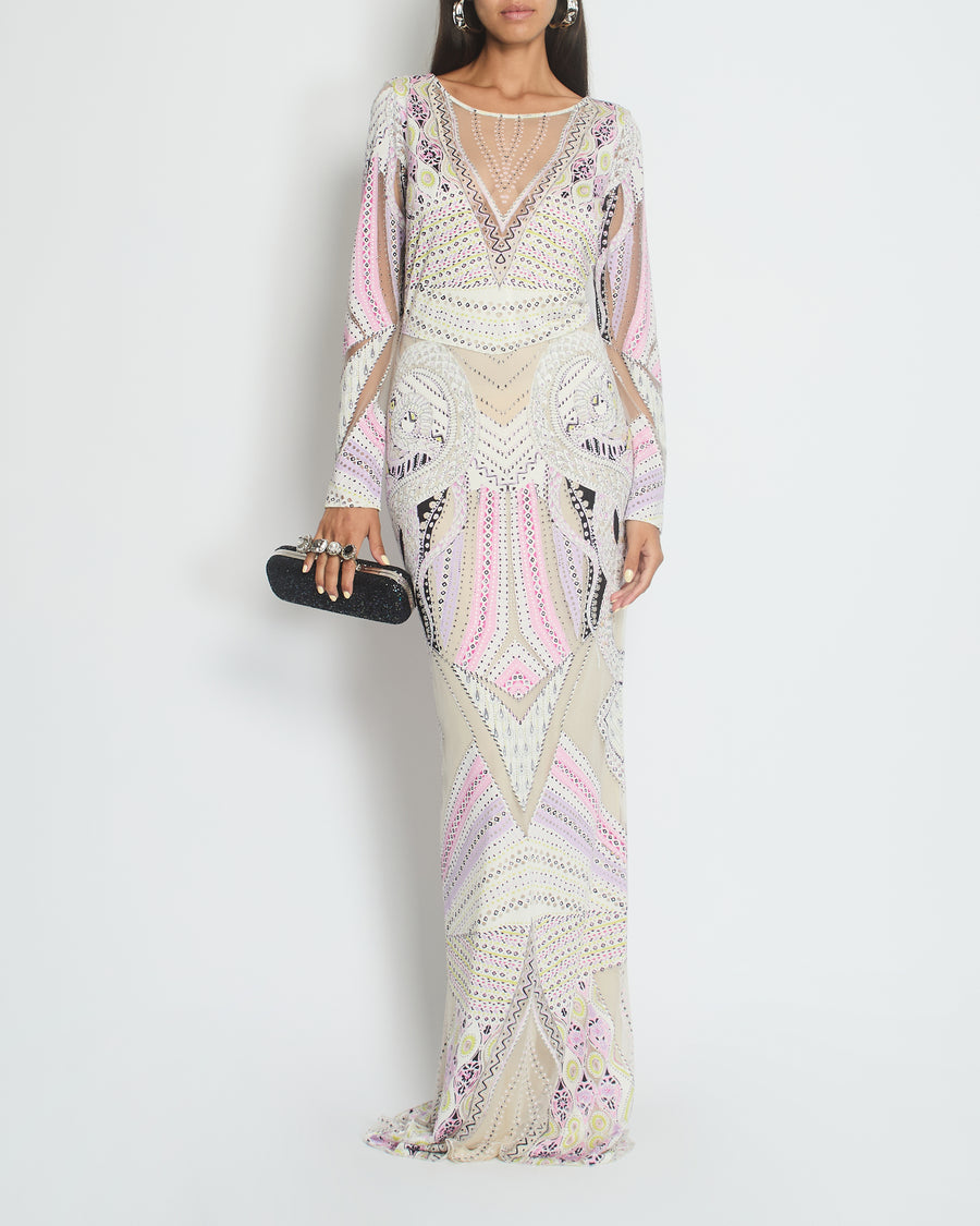 Roberto Cavalli Long Sleeve Multicolour Gown with Aztec Print Detail Size IT 42 (UK 10)