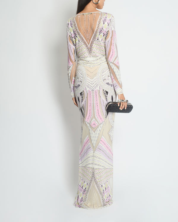 Roberto Cavalli Long Sleeve Multicolour Gown with Aztec Print Detail Size IT 42 (UK 10)