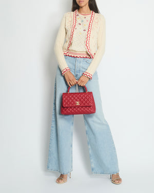 Chanel 05/C Ivory and Red Cardigan Top Set with Eyelet and Crochet Detail FR 38 (UK 10)