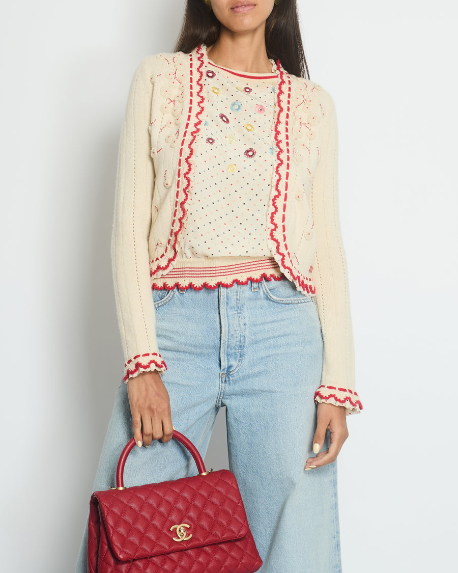 Chanel 05/C Ivory and Red Cardigan Top Set with Eyelet and Crochet Detail FR 38 (UK 10)