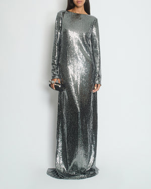 Gucci Silver Sequin Split Long Sleeve Maxi Dress with Patent Leather Strap Detail IT 42/44 (UK 10/12)