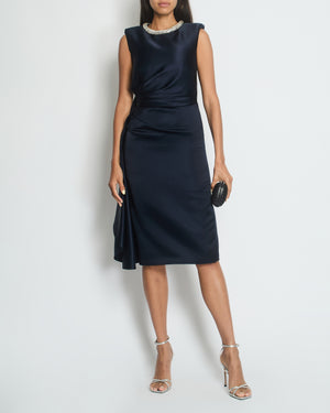 Alexander McQueen Navy Silk Midi Dress with Ruching and Silver Diamante Neck Detail Size IT 38 (UK 6)