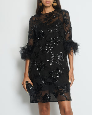 Erdem Black Silk Embellished Mini Dress with Cropped Sleeves and Feather Cuff Detail IT 40 (UK 8)