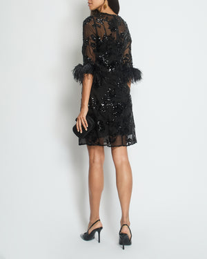 Erdem Black Silk Embellished Mini Dress with Cropped Sleeves and Feather Cuff Detail IT 40 (UK 8)