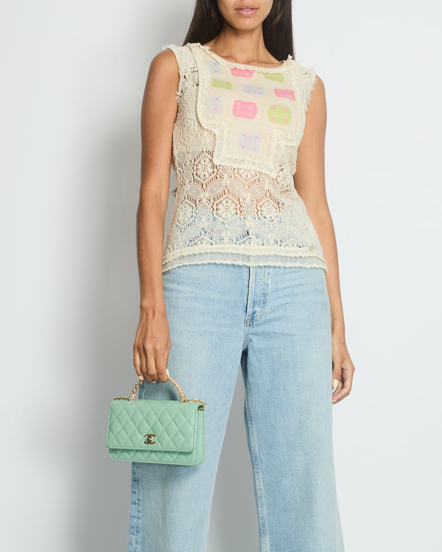 Chanel Cream Crochet Sleeveless Top with Multicoloured Detail FR 36 (UK 8)