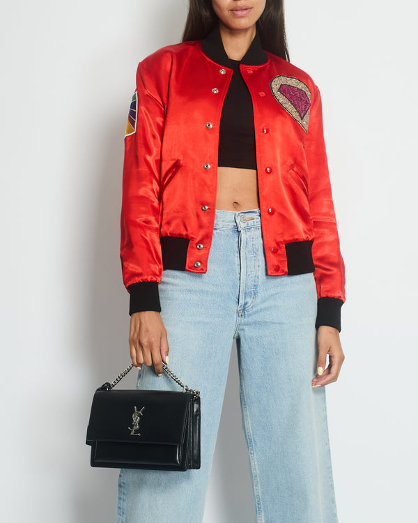 Saint Laurent Red and Black Silk Bomber Jacket with Glitter Patches Size FR 36 (UK 8)