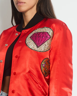 Saint Laurent Red and Black Silk Bomber Jacket with Glitter Patches Size FR 36 (UK 8)