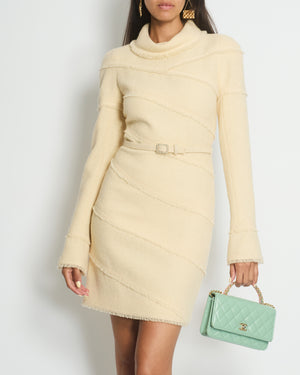 Chanel A/08 Cream Tweed Long Sleeve Diagonal Belted Dress with Collar Detailing FR 34 (UK 6)