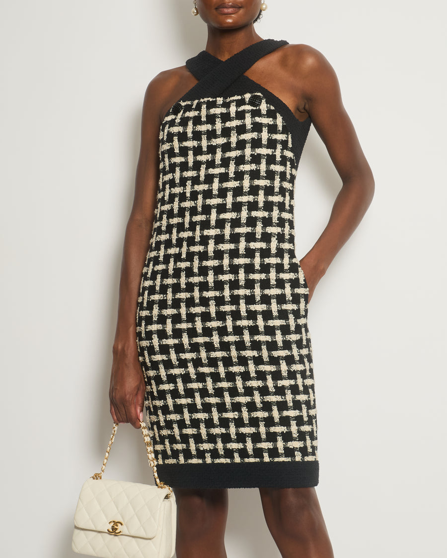 Chanel 09P Black, White Check Halter-Neck Detail Sleeveless Tweed Dress Size FR 36 (UK 8)