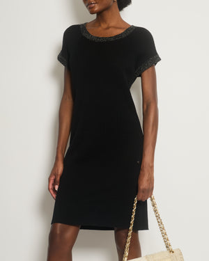 Chanel 12P Black Knitted Short-Sleeve Dress with White Trim Detail FR 40 (UK 12)