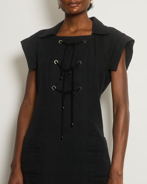 Chanel 07C Black Tweed Short-Sleeve Dress with Eyelet Tie Detail Size FR 42 (UK 14)