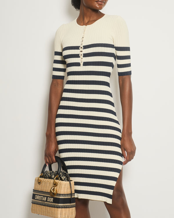 Altuzarra Cream 
Blue Midi Ribbed Dress with Buttons Detail Size XS (UK 6 - 8)