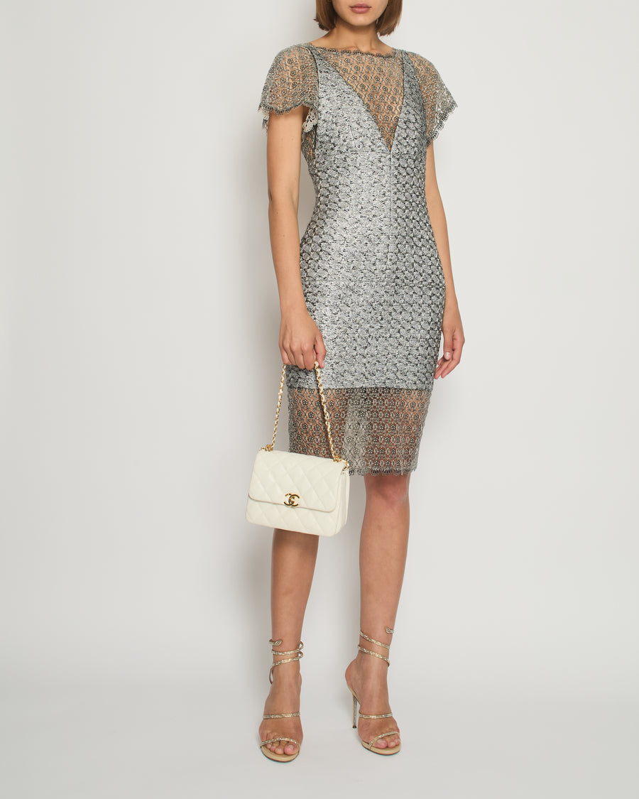 Chanel Silver Metallic Tweed Crochet Lace V-Neck Midi Dress FR 34 (UK 6)