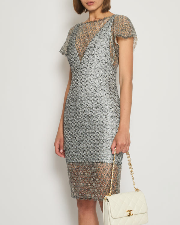 Chanel Silver Metallic Tweed Crochet Lace V-Neck Midi Dress FR 34 (UK 6)