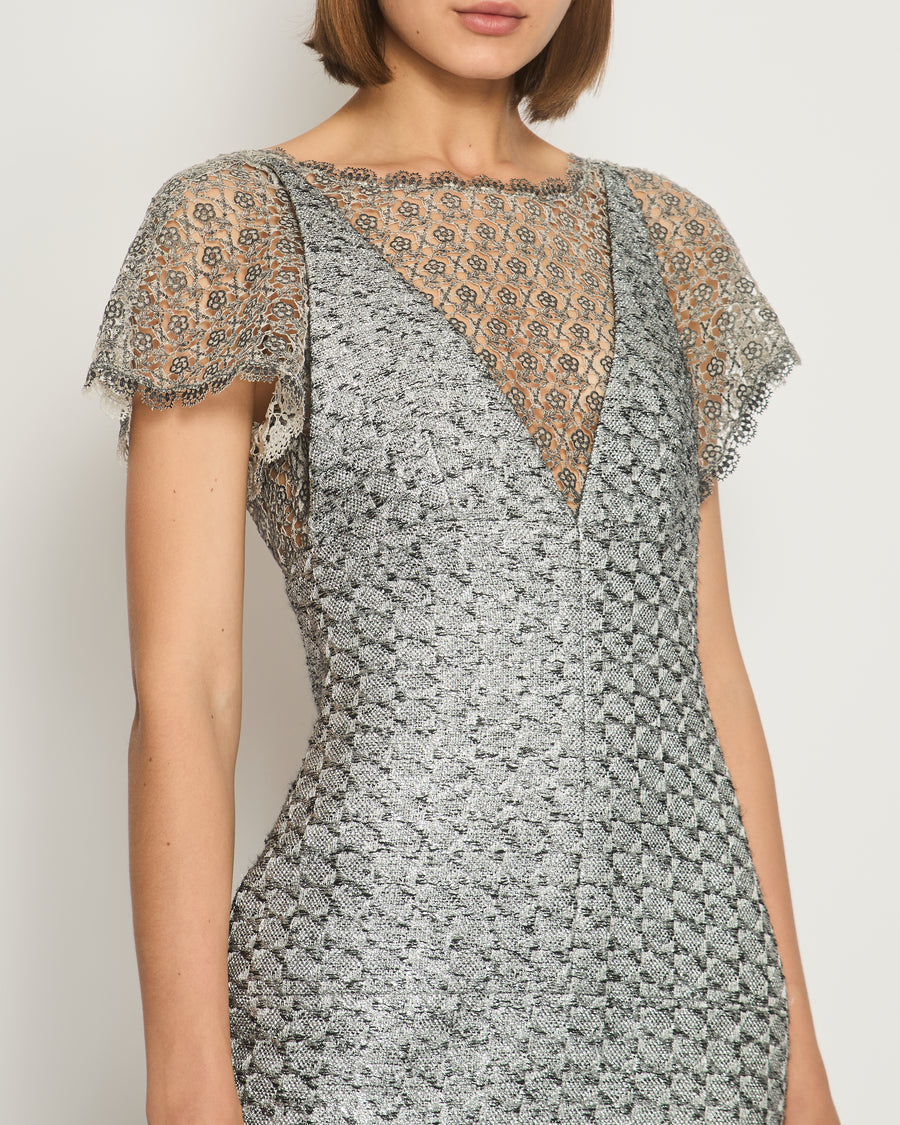 Chanel Silver Metallic Tweed Crochet Lace V-Neck Midi Dress FR 34 (UK 6)