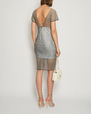 Chanel Silver Metallic Tweed Crochet Lace V-Neck Midi Dress FR 34 (UK 6)