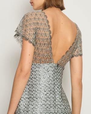 Chanel Silver Metallic Tweed Crochet Lace V-Neck Midi Dress FR 34 (UK 6)