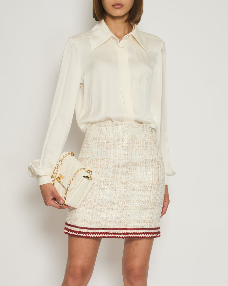 Chanel Beige Tweed A-Line Skirt with Knitted Trim Detail FR 36 (UK 8)