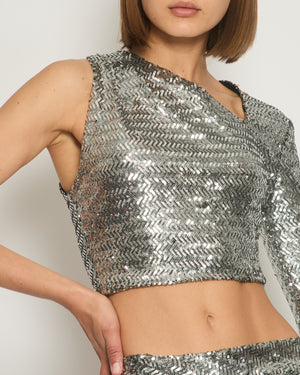 David Koma Silver Sequin One-Shoulder Crop Top and Mini Skirt Size UK 12