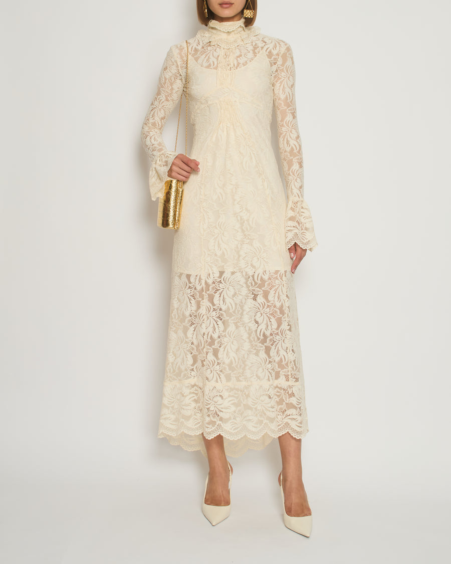 Paco Rabanne Ivory Lace Long Sleeve Maxi Dress FR 34 (UK 6)