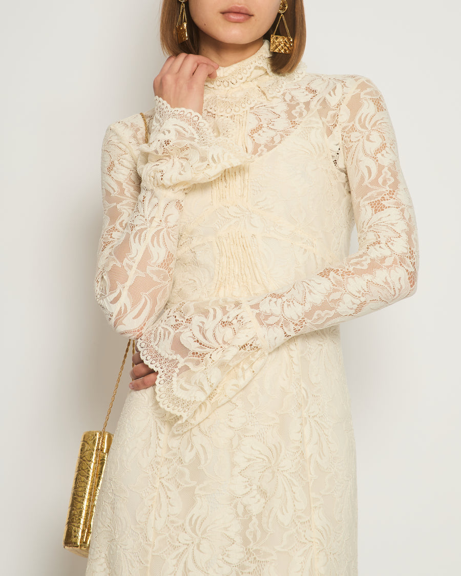 Paco Rabanne Ivory Lace Long Sleeve Maxi Dress FR 34 (UK 6)