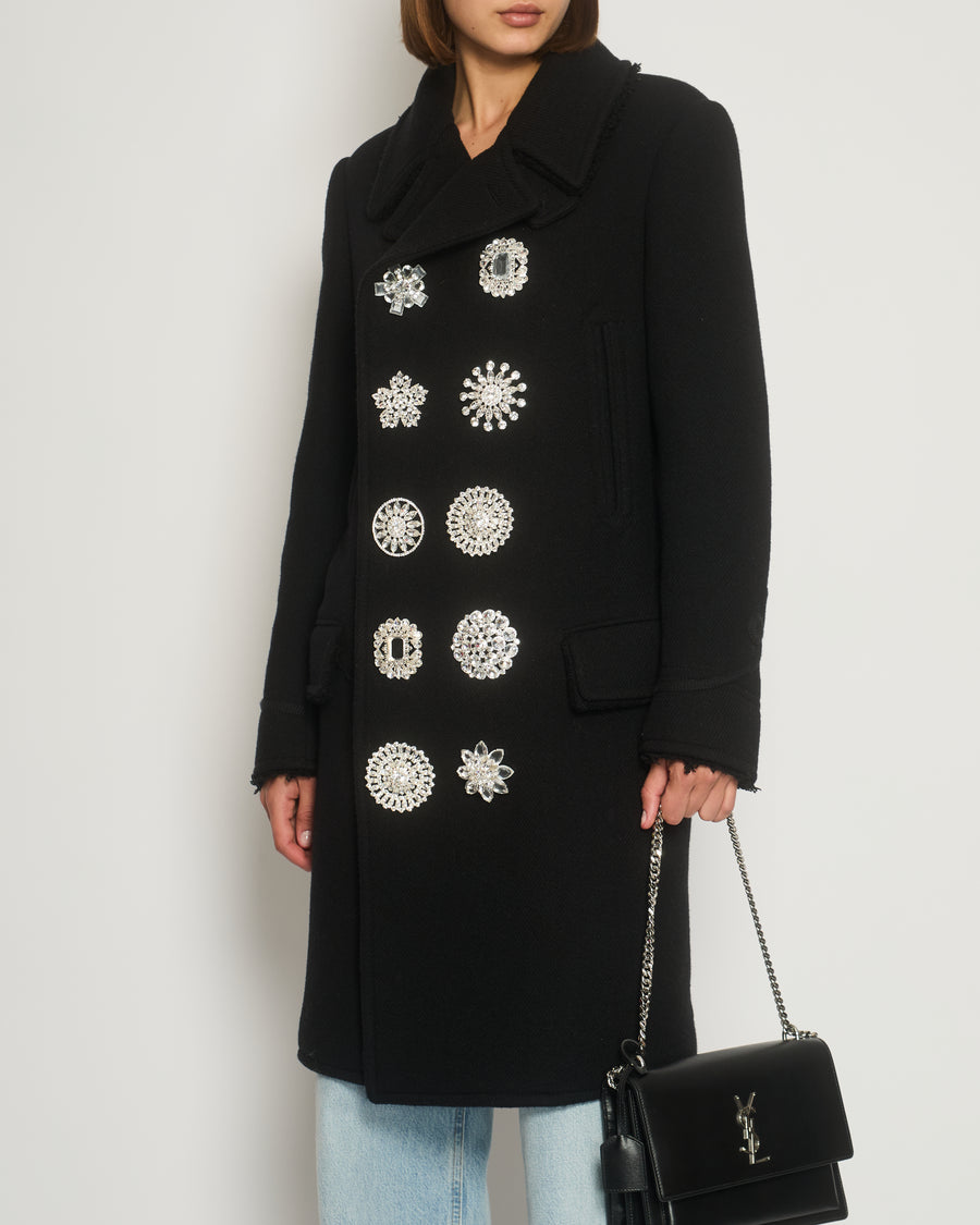 Givenchy Black Double-Breasted Pea Coat with Embellished Button Detail FR 36 (UK 8)