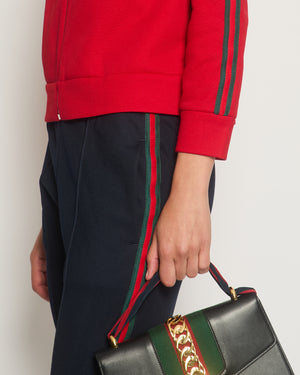 Gucci Red 
Navy Blue Tracksuit with Side Stripe Trim and Cherry Embroidered Logo Detail Size XS (UK 6)