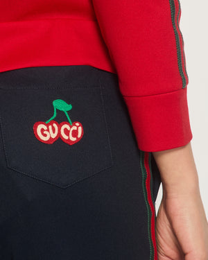 Gucci Red 
Navy Blue Tracksuit with Side Stripe Trim and Cherry Embroidered Logo Detail Size XS (UK 6)