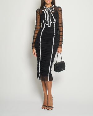 Dolce 
Gabbana Black Draped Tull Midi Dress with White Lace Detail Size IT 38-40 (UK 6-8)