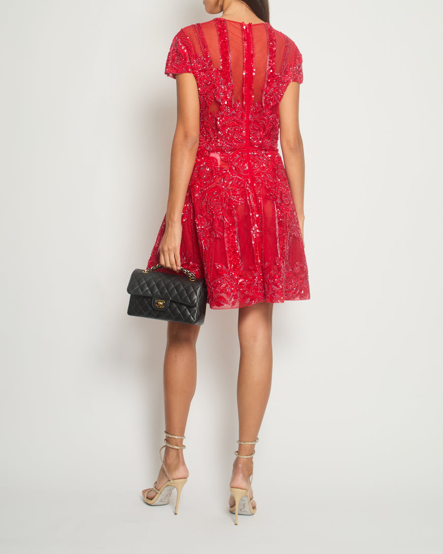 Zuhair Murad Red Sequin Embellished Short-Sleeve Mini Dress Size IT 44 (UK 12)