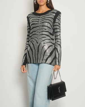 Balmain Black Crystal Embellished Zebra Pullover Long Sleeve Top With Shoulder Pads Size FR 36 (UK 8)