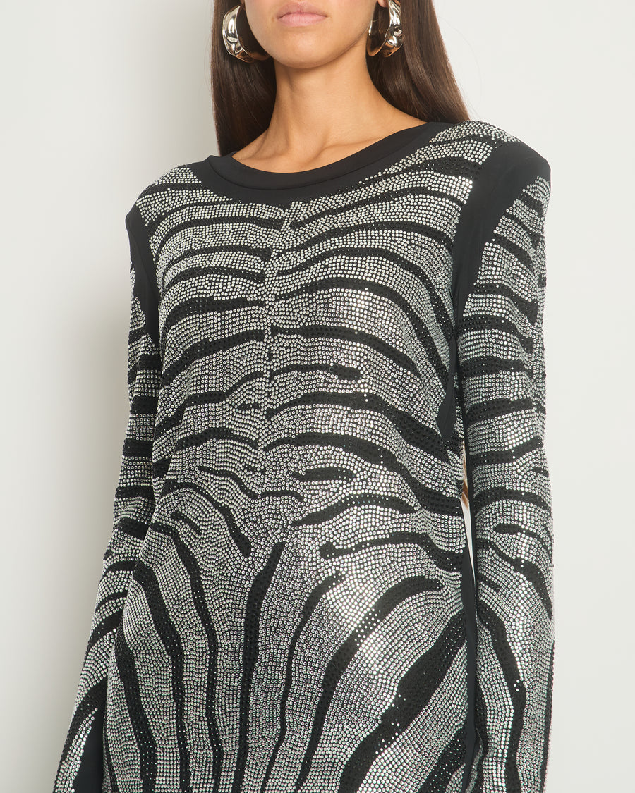 Balmain Black Crystal Embellished Zebra Pullover Long Sleeve Top With Shoulder Pads Size FR 36 (UK 8)