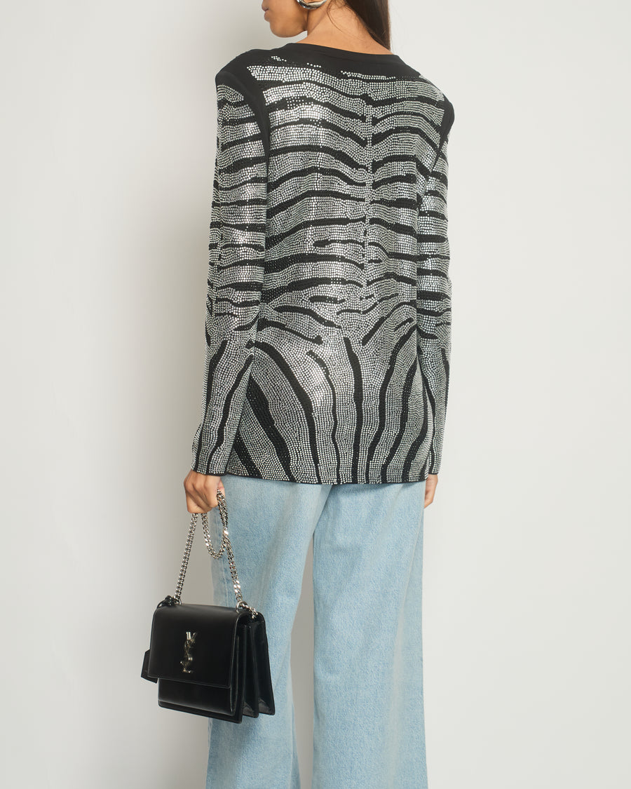 Balmain Black Crystal Embellished Zebra Pullover Long Sleeve Top With Shoulder Pads Size FR 36 (UK 8)