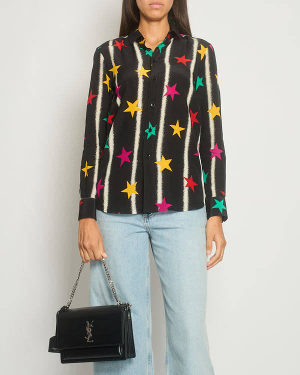 Saint Laurent Black Long-sleeve Silk Shirt With Multicolour Star Print Size FR 36 (UK 8)