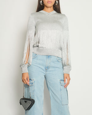 Bottega Veneta Silver Metallic Jumper with Fringe Details Size S (UK 8) RRP £1210