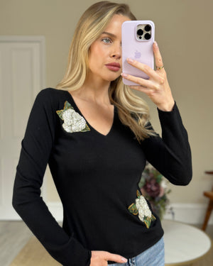 Chanel Black Cashmere V-Neck Jumper with Embellished Flowers FR 38 (UK 10)