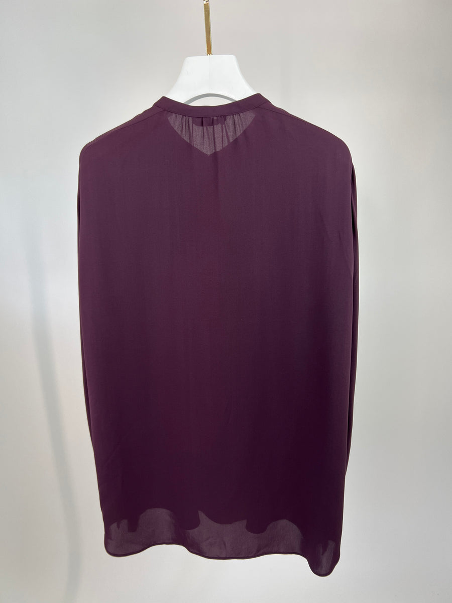 Loro Piana Dark Purple Matte Long-Sleeve Collarless Silk Shirt