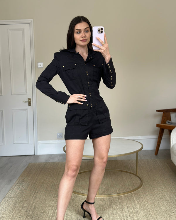 Balmain Navy Utility Playsuit with Western Gold Detailing Size FR 38 (UK 10)