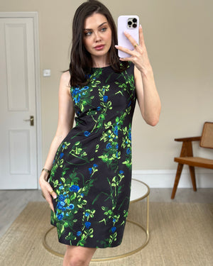 Carolina Herrera Black, Blue and Green Floral Print Dress Size 0 (UK 4)