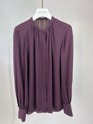 Loro Piana Dark Purple Matte Long-Sleeve Collarless Silk Shirt