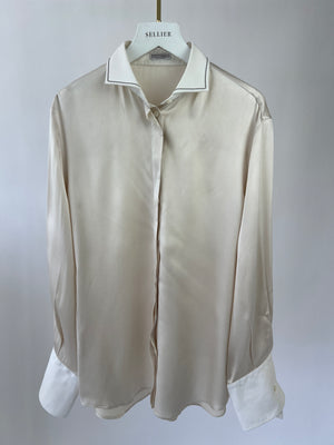 Brunello Cucinelli Cream Silk Shirt with Bead Collar details in Size L (UK 12-14)