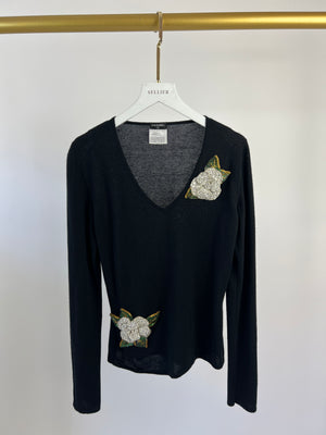 Chanel Black Cashmere V-Neck Jumper with Embellished Flowers FR 38 (UK 10)