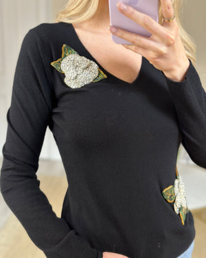 Chanel Black Cashmere V-Neck Jumper with Embellished Flowers FR 38 (UK 10)