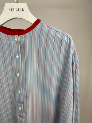 Loro Piana Blue and Red Collarless Longline Silk Shirt