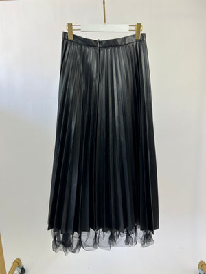 Ermanno Scervino Black Faux Leather Pleated Skirt with Tulle Detail Size IT44 (UK 12)