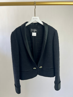 Chanel Black Tweed Jacket with Satin Collar and Crystal Button Detail FR 42 (UK 14)