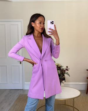 Chanel Vintage 97P Lilac Longline Blazer with CC Button Detail Size FR 38( UK 10)