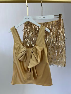 Alberta Ferretti Gold Silk Blouse and Embellished Mini Skirt Set Size IT 38 ( UK 6)